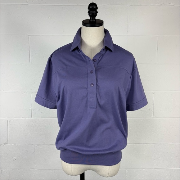 Vintage 80s Purple Banded Waist Polo Shirt 100% Cotton Button Front Welt Seam M - Picture 1 of 10